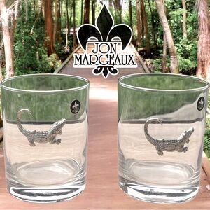Jon Margeaux Vintage Rocks Glasses W/ Pewter Alligator - RETIRED RARE - Set Of 2